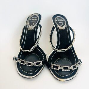 Rare vtg y2k Rene Caovilla Crystal Interlocking embellished double strap heels